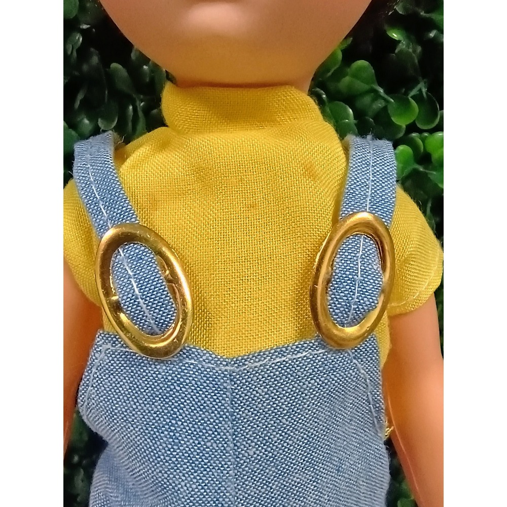Vintage Plastic Doll Blue Overalls Yellow Shirt Blue Eyes Curly Hair Hong Kong - Picture 3 of 10